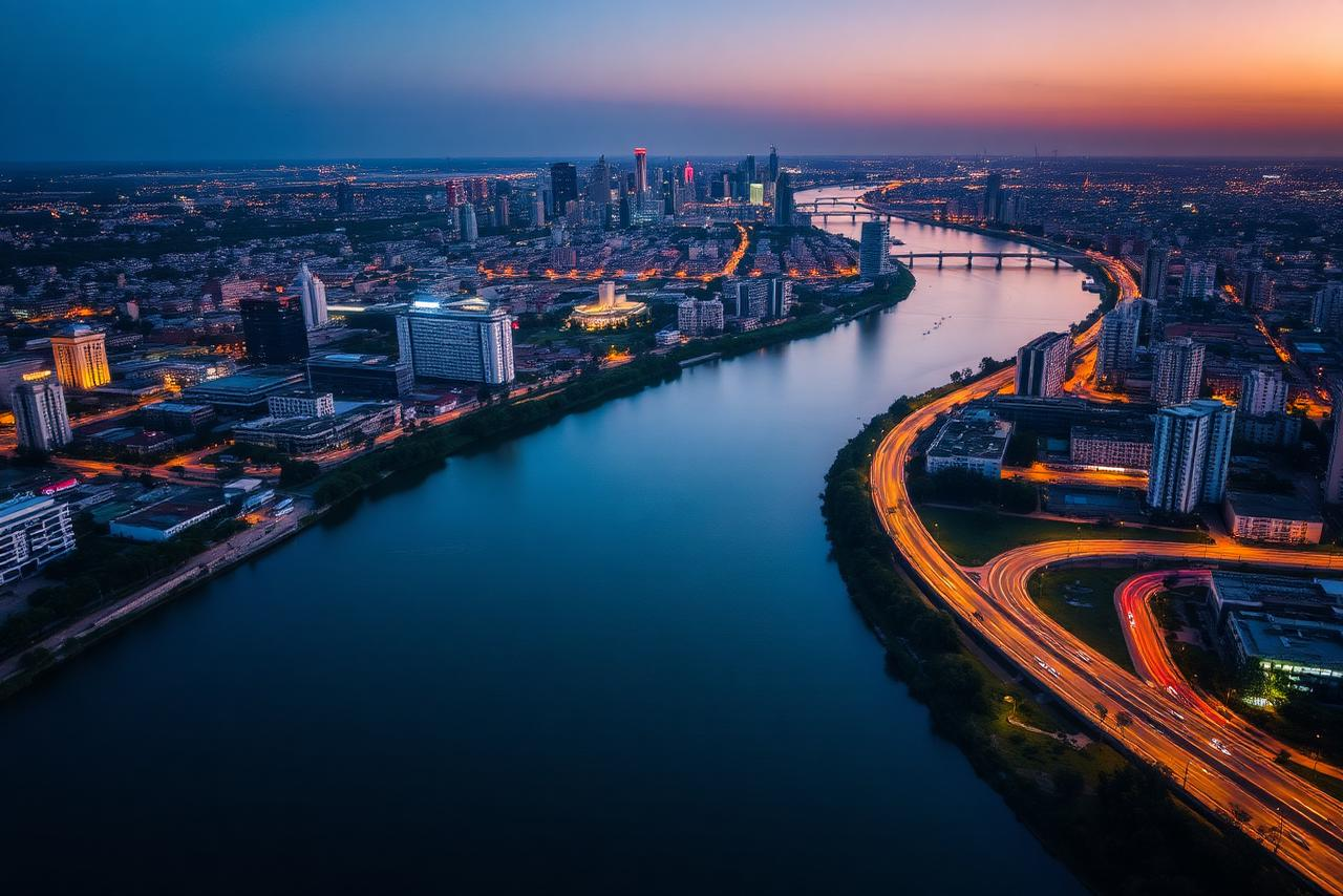 Vista aérea de la ciudad y el río al atardecer