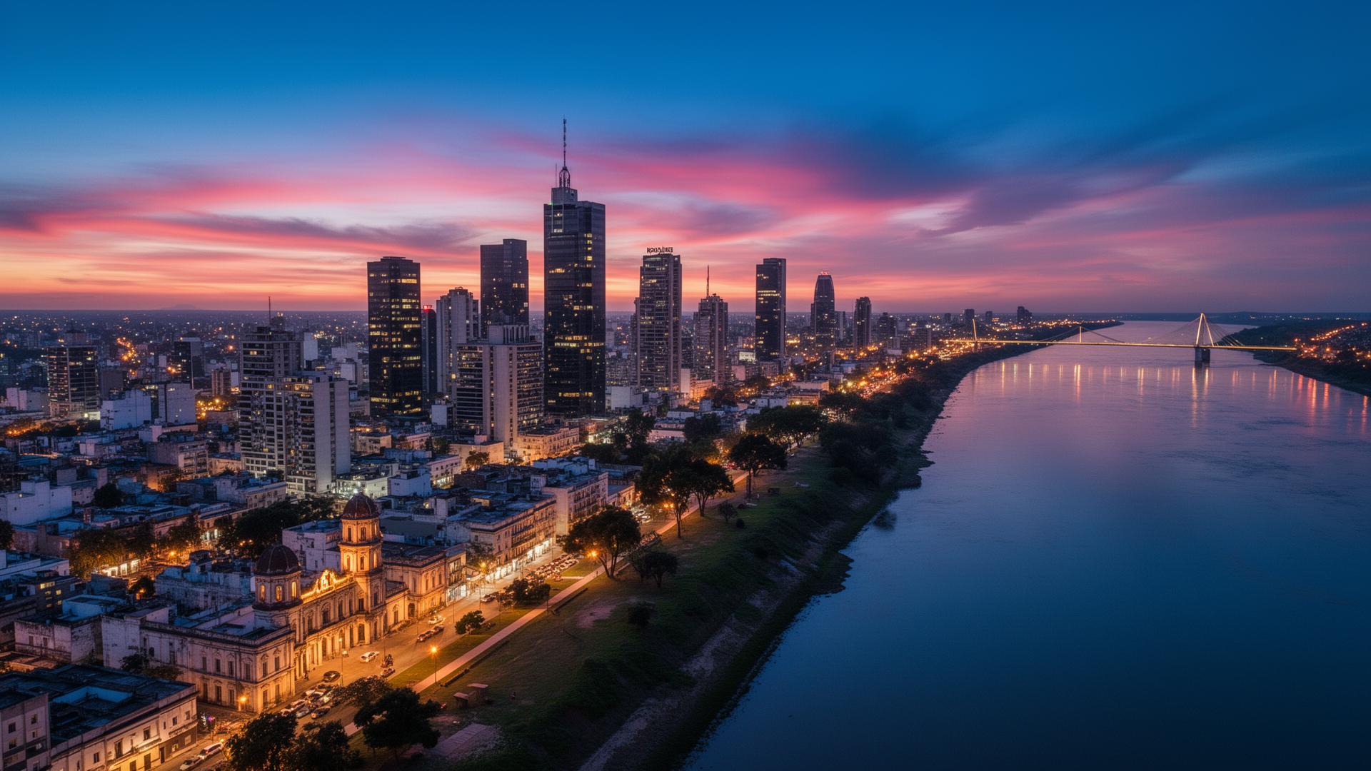 Panorámica aérea de Rosario al crepúsculo